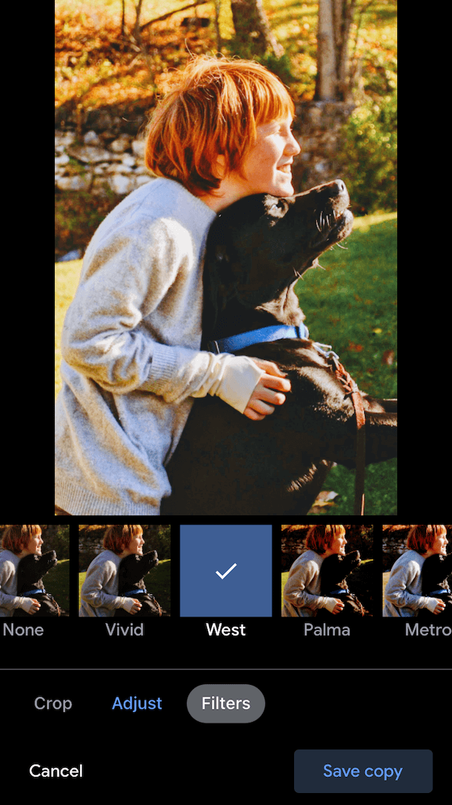Una foto de un niño y un perro después de aplicar un filtro con el editor de fotos de Google.