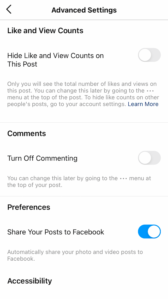 Captura de pantalla de la opción para ocultar los Me gusta de Instagram en la Configuración avanzada.
