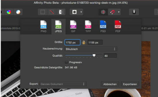 La función de exportación de Affinity Photo