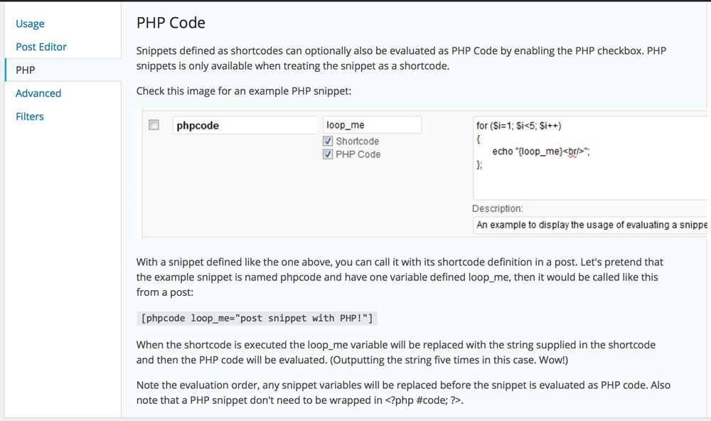 Código PHP como Snippet