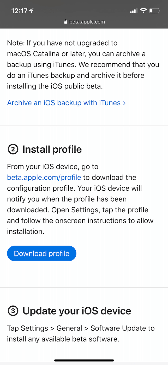 Captura de pantalla de cómo descargar el perfil beta de iOS.