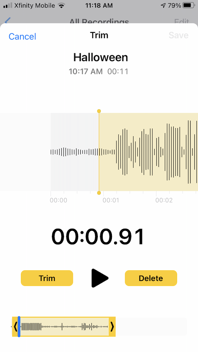 Una captura de pantalla que muestra cómo editar grabaciones con VoiceMemo.