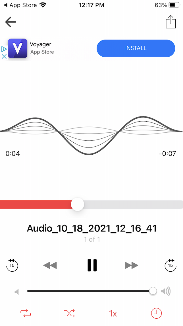 Una captura de pantalla que muestra cómo usar Voice Recorder para iPhone en modo de reproducción.