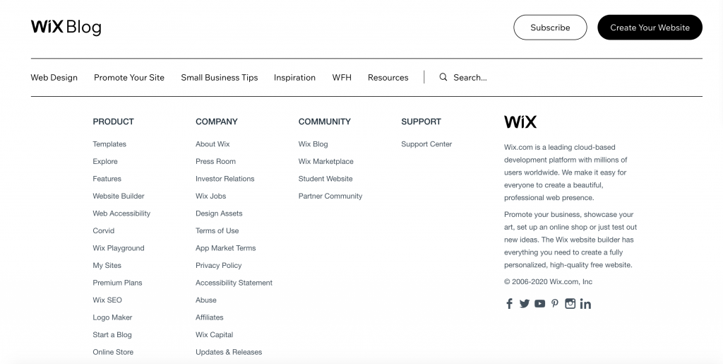 ejemplo de pie de página del sitio web de wix