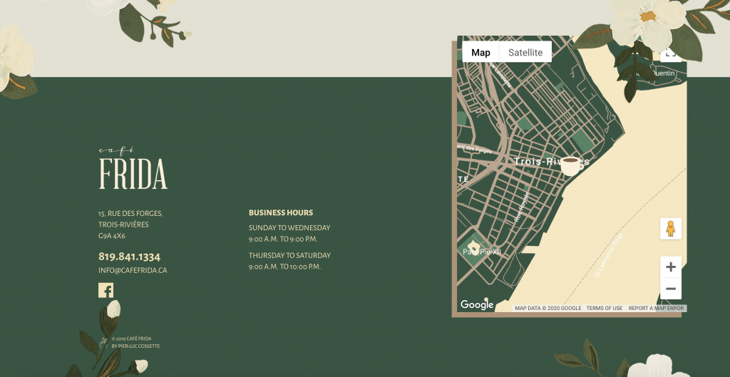 ejemplo de pie de página de sitio web de café con un mapa 