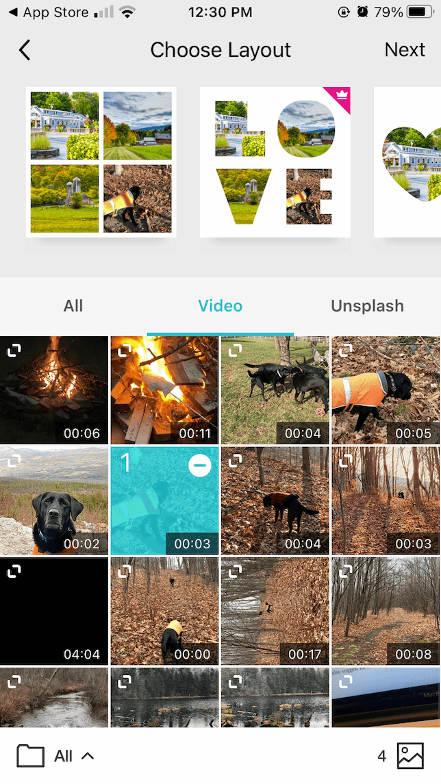 Diseños disponibles para collages de video en PhotoGrid