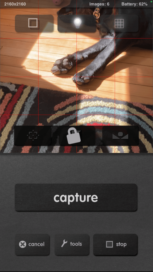 Una captura de pantalla de la cámara integrada en la aplicación para crear videos de stop-motion en iMotion.