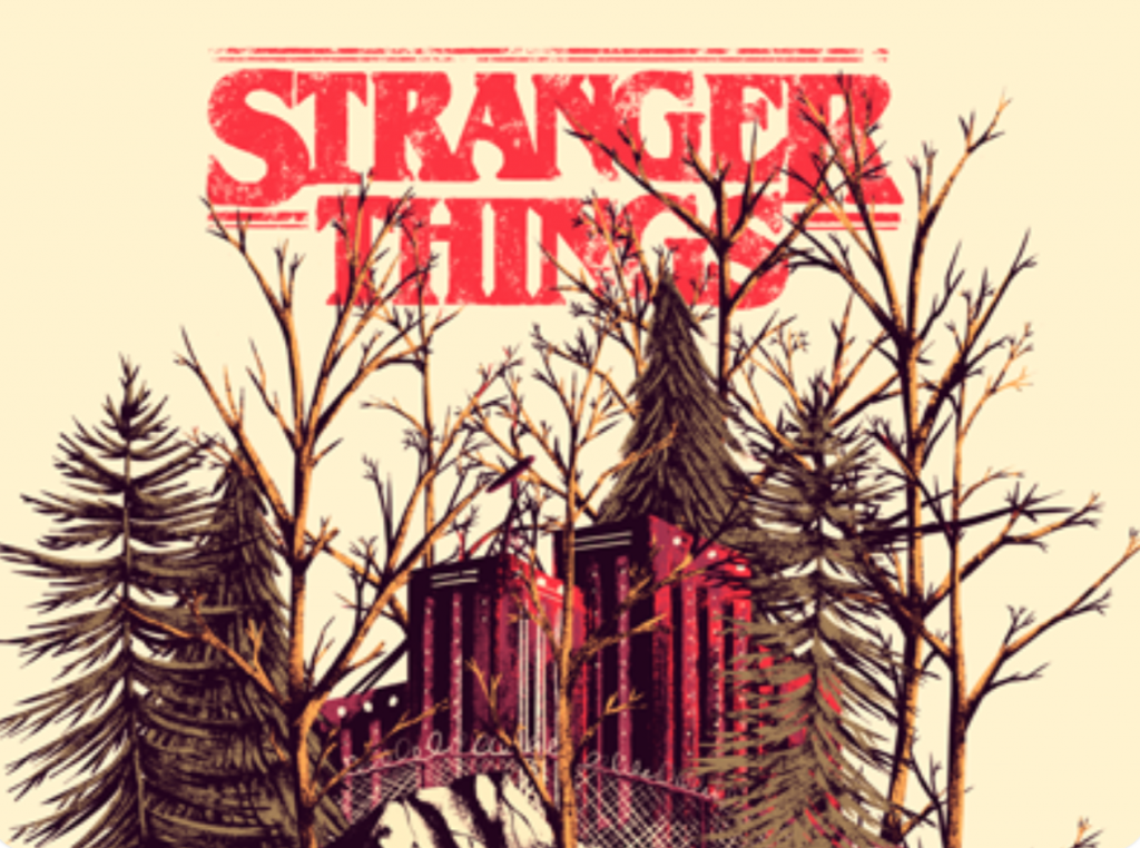 Logotipo de Stranger Things e ilustración del bosque.