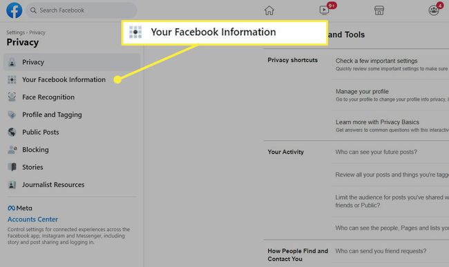 Tu botón de información de Facebook resaltado en la interfaz de Facebook.