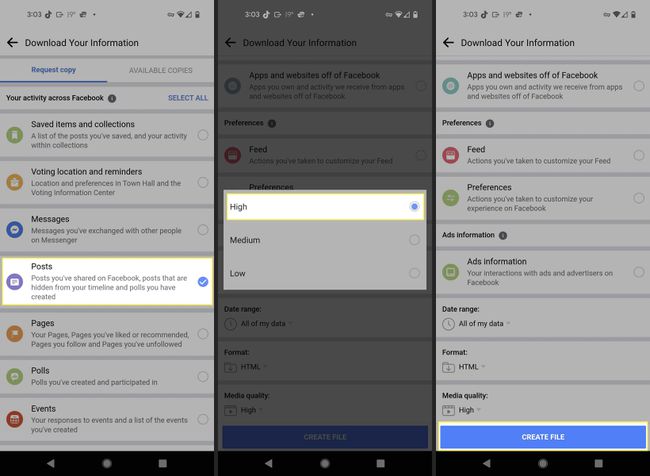 Aplicación de Android de Facebook Descarga las pantallas de tu información con los pasos relevantes resaltados.