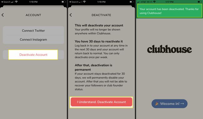 Aplicación Clubhouse con Desactivar cuenta, "Entiendo" y mensaje de desactivación resaltado