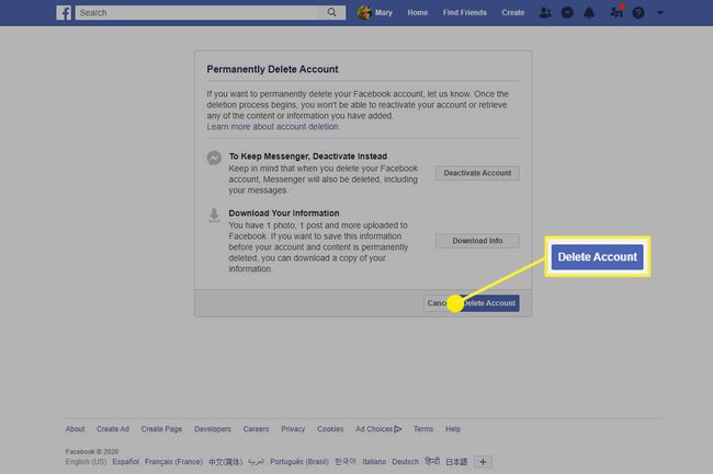 Captura de pantalla de información y una opción para eliminar una cuenta en Facebook.