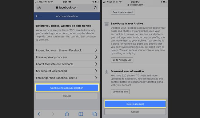 Facebook en Safari en iPhone con Continuar a eliminación de cuenta y Eliminar cuenta resaltados