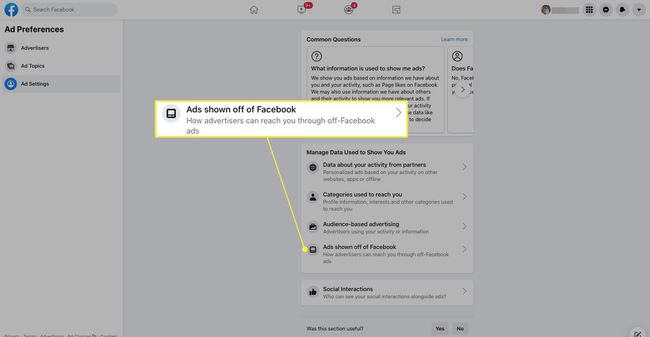 Los anuncios se muestran fuera de Facebook resaltados en la configuración de anuncios de Facebook