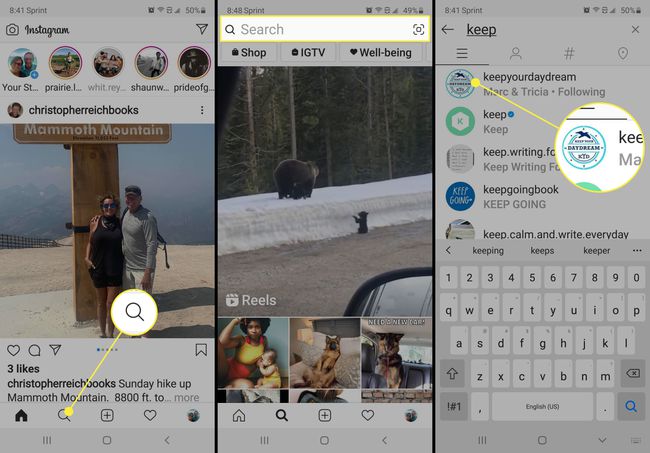 Capturas de pantalla que muestran cómo encontrar un perfil en Instagram.