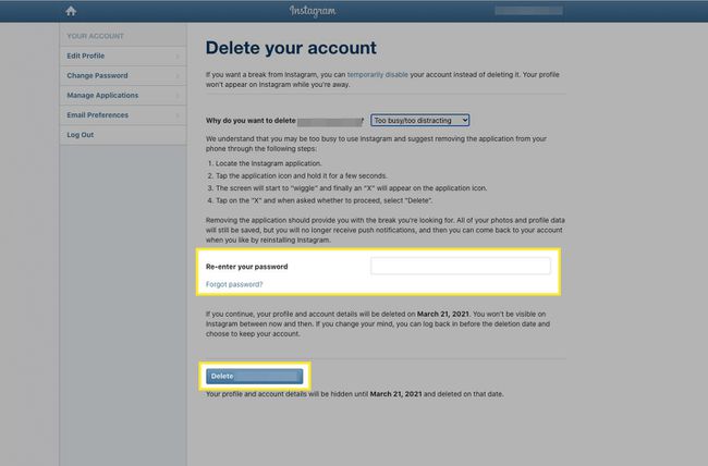 Si desea continuar con la eliminación de la cuenta, ingrese su contraseña y seleccione Eliminar [your account name]. 