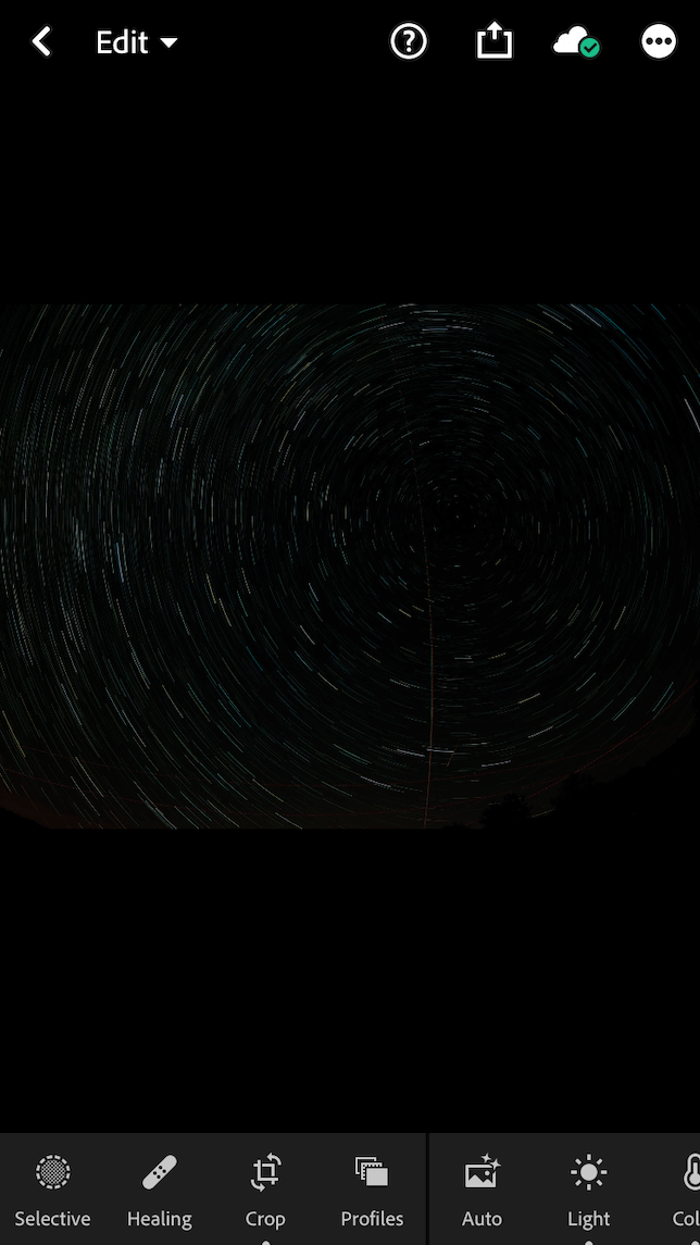 Una captura de pantalla de rastros de estrellas en la aplicación Lightroom