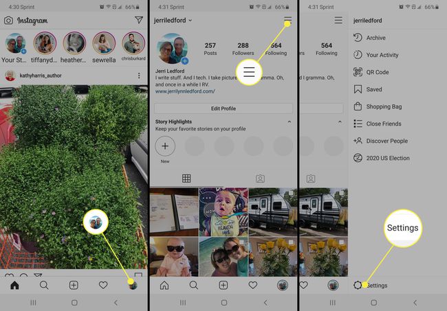 Capturas de pantalla que muestran cómo llegar a la opción Configuración en Instagram.