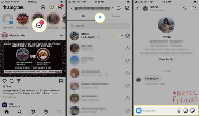 Instagram con ícono de Messenger, punto azul de mensaje nuevo y campo de respuesta resaltado