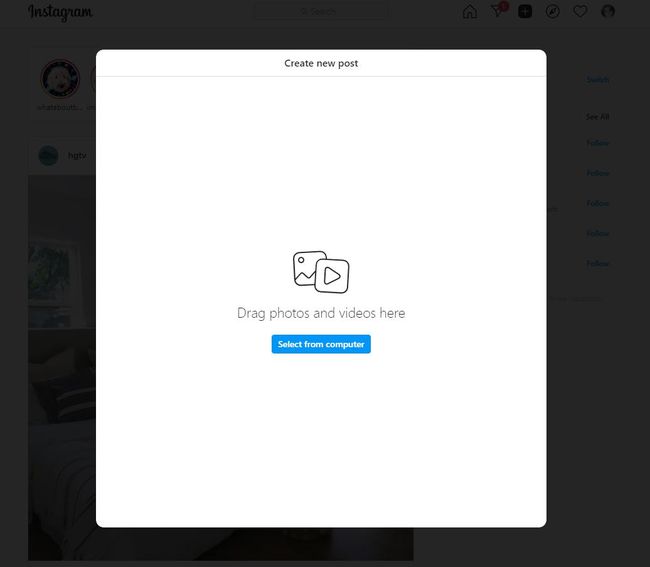 Cree una nueva ventana de publicación en Instagram en el navegador web.