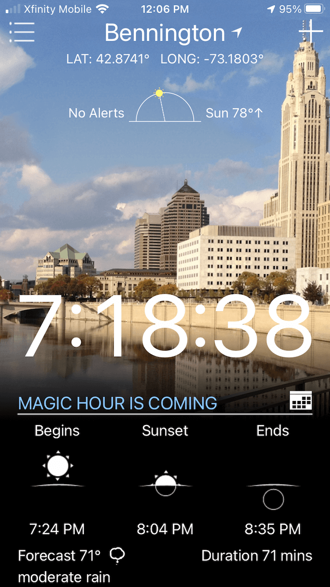 Una captura de pantalla que muestra cuántas horas faltan para la hora mágica usando la aplicación Magic Hour.