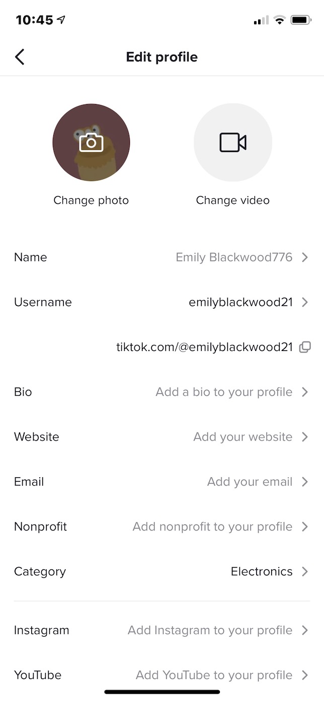 Captura de pantalla que muestra cómo cambiar su nombre de usuario de TikTok.