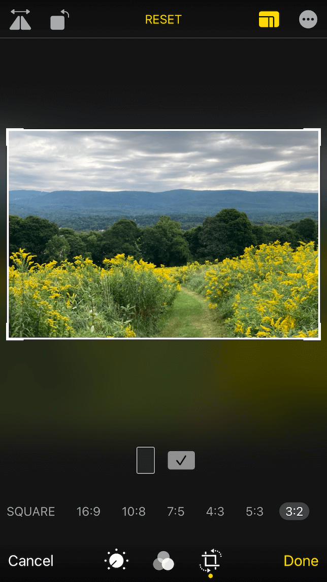 Una captura de pantalla que muestra las proporciones de recorte en la pantalla de edición de la aplicación Fotos en el iPhone.