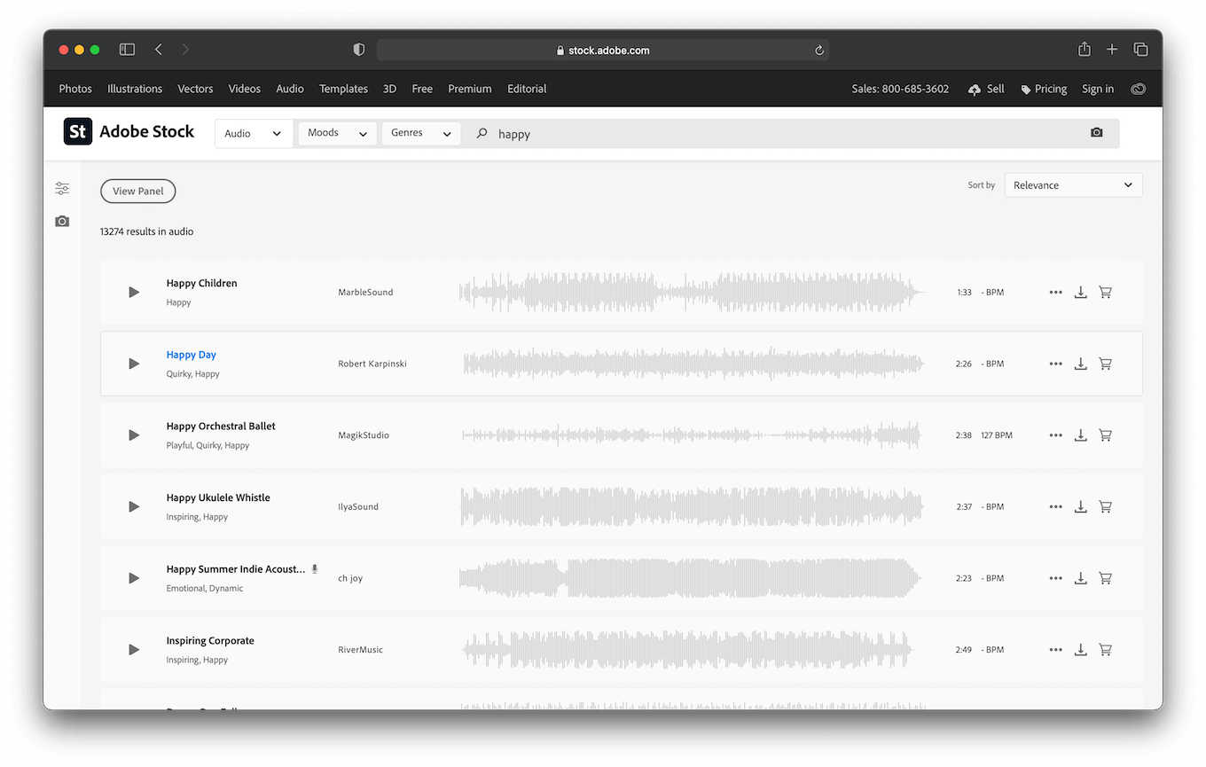 Captura de pantalla de la música de Adobe Stock.