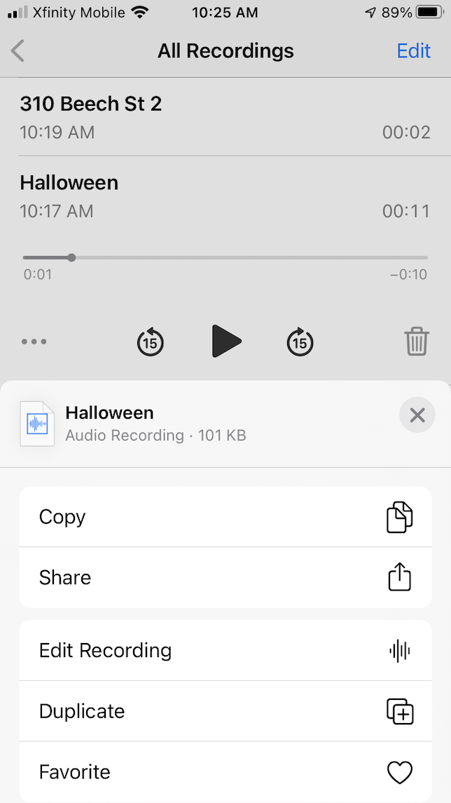 Una captura de pantalla que muestra cómo editar la grabación usando VoiceMemo.