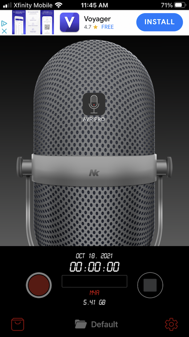Pantalla de grabación en Awesome Voice Recorder para iPhone.