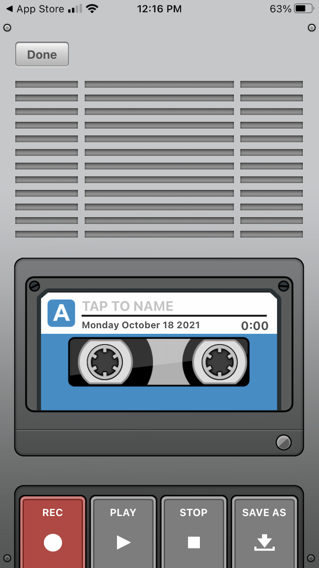 Una captura de pantalla que muestra un reproductor de cintas antiguo en la aplicación Video Recorder.