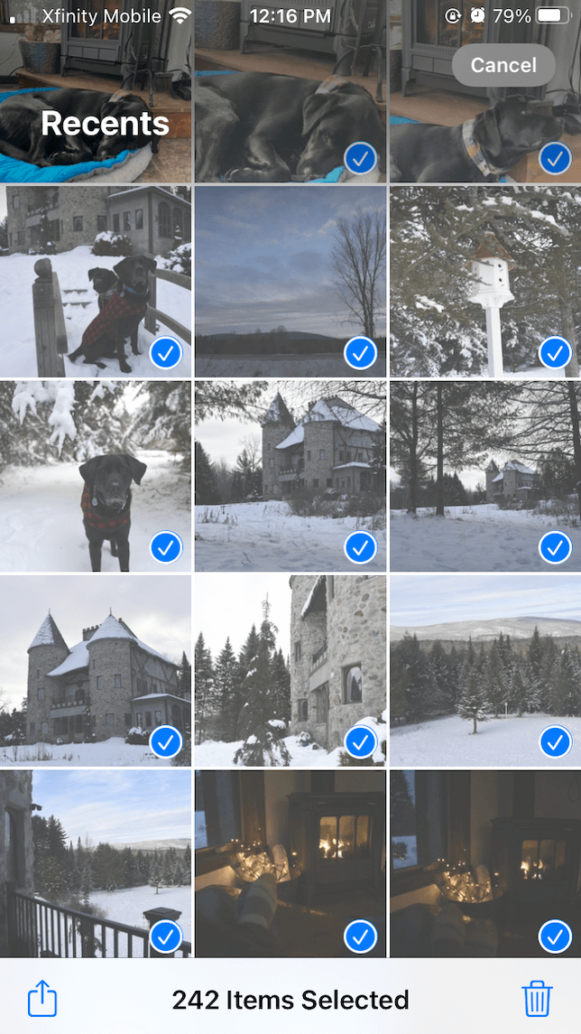 Una captura de pantalla que muestra cómo seleccionar todo el carrete de la cámara en el iPhone