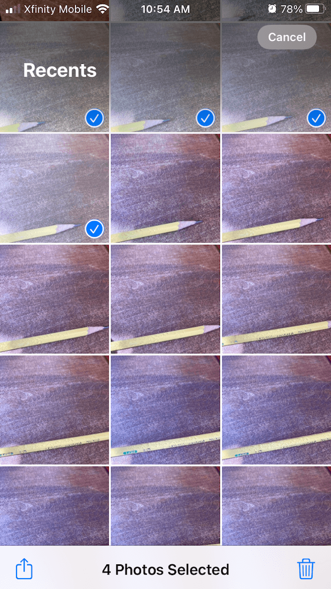 Una captura de pantalla de la elección de fotos de la biblioteca del iPhone para un video de stop-motion.