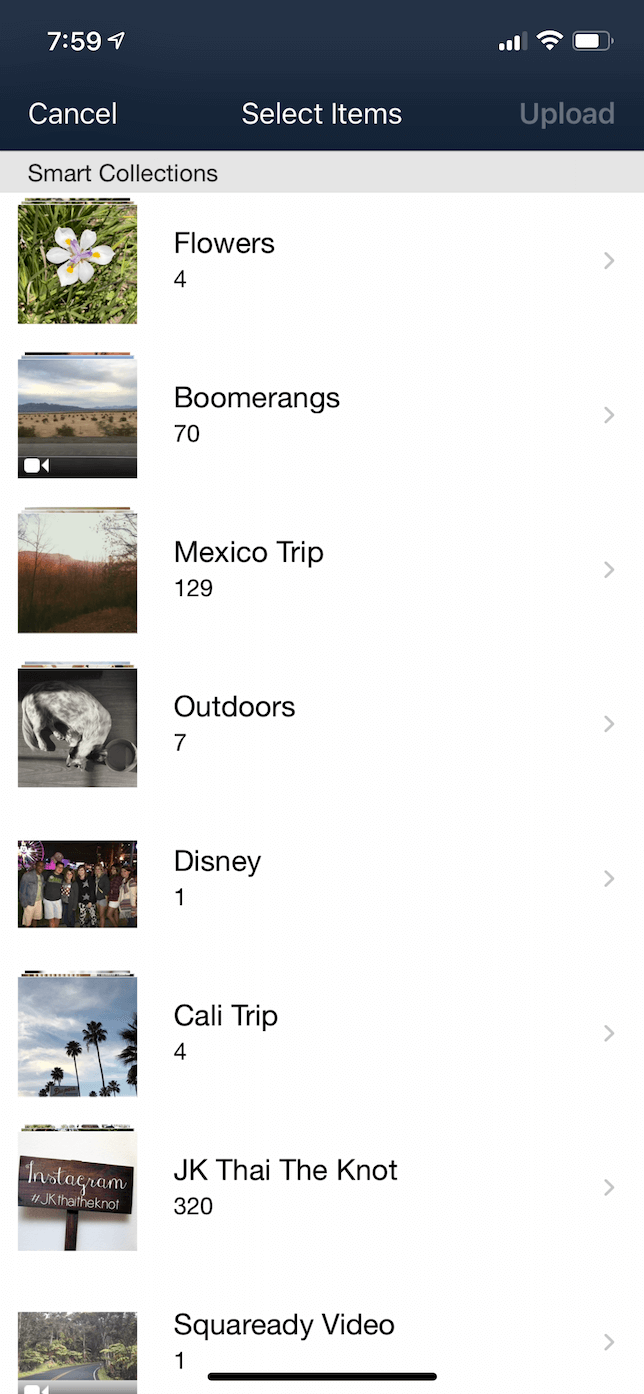 Captura de pantalla de la pantalla Cargar en la aplicación iOS de Amazon Photos.