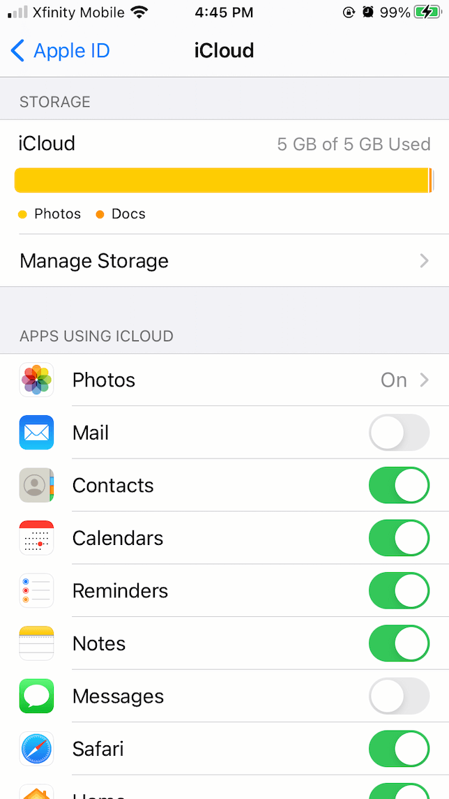 Una captura de pantalla que muestra cómo administrar el almacenamiento de iCloud en el iPhone