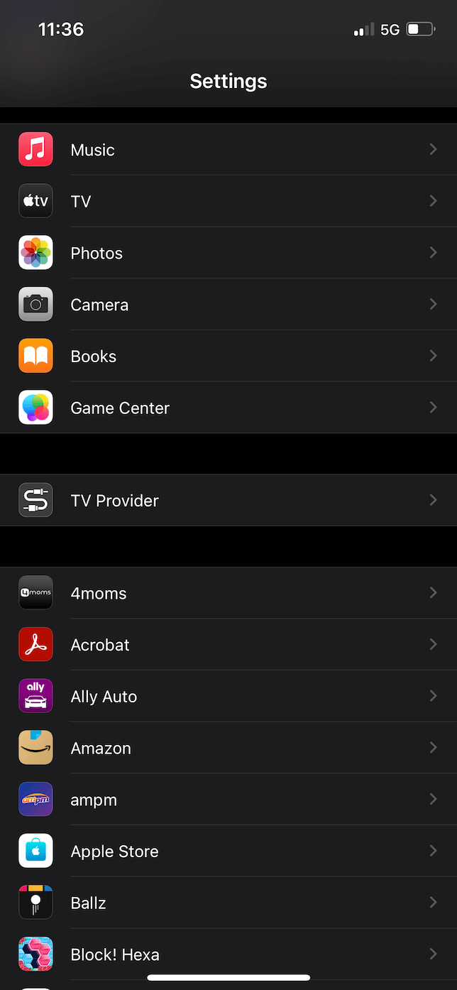 Captura de pantalla de la aplicación Configuración en iOS.
