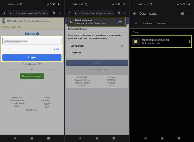 Página de inicio de sesión de la aplicación Android de Facebook y solicitud de descarga de archivos resaltada.