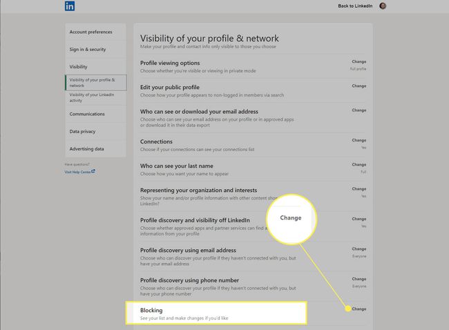 Configuración de visibilidad de LinkedIn con Bloqueo y Cambio resaltados