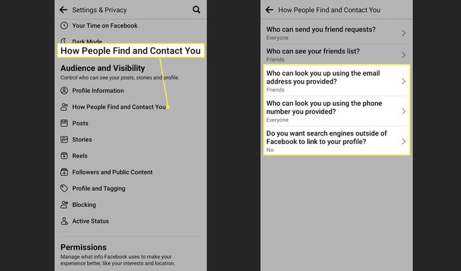 Cómo las personas lo encuentran y se comunican con usted y la configuración de privacidad destacada en la aplicación de Facebook