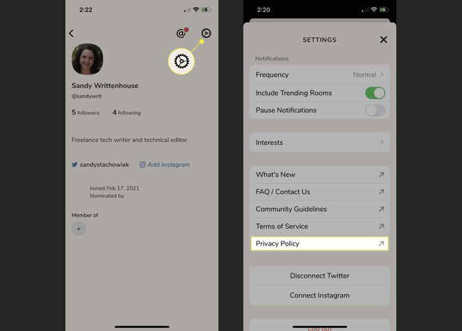 La pantalla de perfil y configuración de la aplicación Clubhouse.