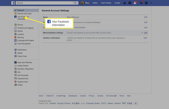 La ubicación de su información de Facebook en Facebook en un navegador.