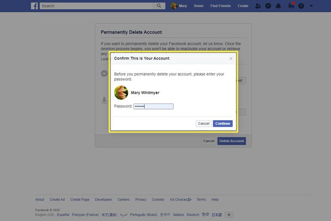Confirmación de la eliminación de Facebook con una contraseña utilizando un navegador web.