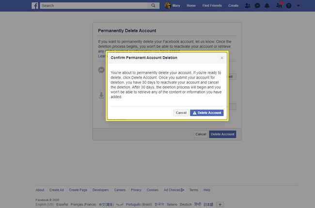 Otro mensaje de confirmación al eliminar una cuenta de Facebook usando un navegador.