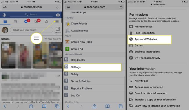 Aplicación de Facebook en iPhone en Safari con Menú, Configuración y Aplicaciones y sitios web resaltados