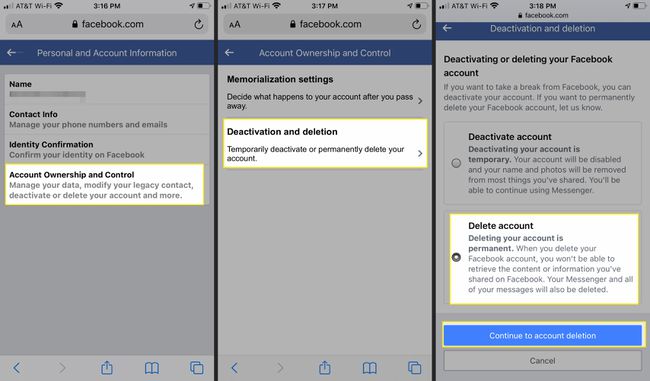 Facebook en iPhone en Safari con Propiedad y control de la cuenta, Desactivación y eliminación, Eliminar cuenta y Continuar con la eliminación de la cuenta resaltada
