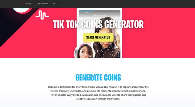 TikTokCoins.club Sitio web del generador.