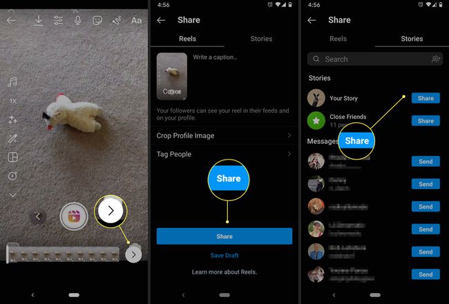 Un usuario de Instagram puede compartir un nuevo carrete en su feed o agregarlo a su historia