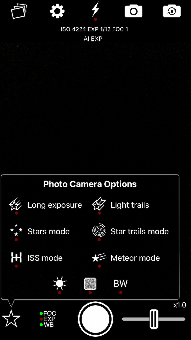 opciones de cámara de fotos en la aplicación NightCap para fotografía de estrellas