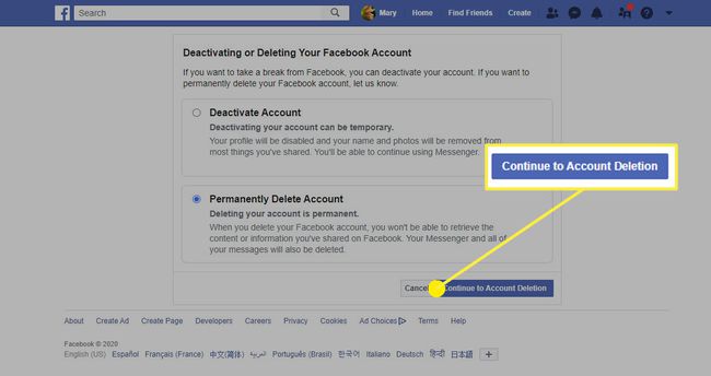 La opción de eliminación de cuenta en Facebook en un navegador web.