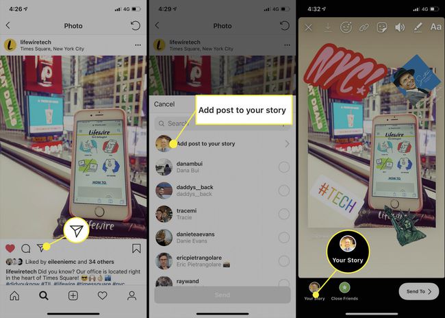 Compartir una publicación de Instagram en una historia de Instagram en la aplicación para iPhone.
